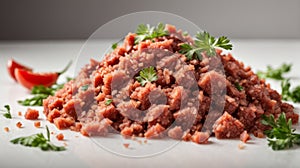 Heap of minced meat with parsley leaves on a white background.