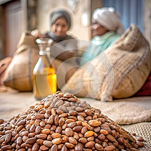 Heap of Moroccan Argan nut seeds for oil extract manufacturing in Morocco, used for cosmetic skin hair care and healthy culinary