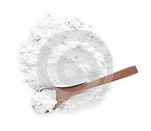 Heap of natural starch and wooden spoon isolated on white, top view