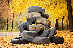 heap of obsolete wheels, old car tires decorated with bright yellow leaves on the road in the autumn forest