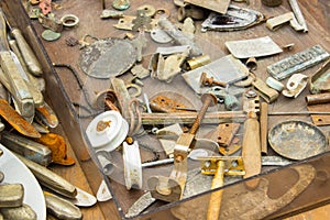 Heap of old rusty things and tools for sale at the bazaar