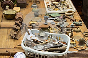 Heap of old rusty things and tools for sale at bazaar