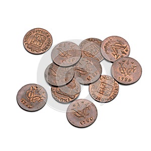 Heap of old VOC coins from 1789 on white background