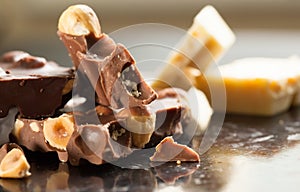 Heap of organic milk, white and dark chocolate with hazelnut