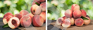 heap of peaches on a wooden table with blurred background