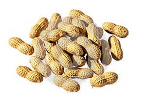 A heap of peanuts isolated on a white background with copy space