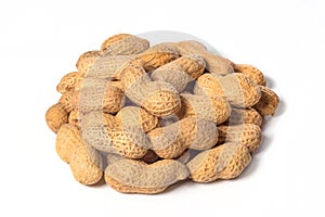 Heap of peanuts in shell, close-up on white background