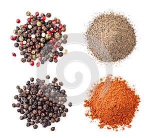 Heap of peppercorns and ground pepper on a white background, isolated. The view from top