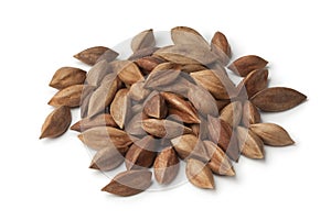 Heap of pili nuts on white background