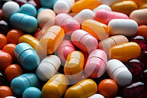 Heap of pills, various colors, packaged in plastic Medicinal assortment encapsulated