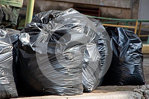 Heap of plastic trash bags on curb waiting for sanitation pickup