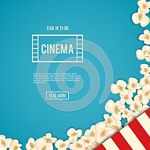 Heap popcorn for movie lies on blue background.