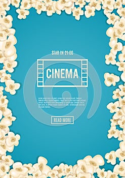 Heap popcorn for movie lies on blue background.