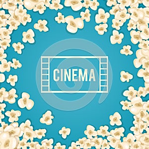 Heap popcorn for movie lies on blue background.