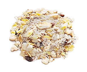 Heap of premium fruit muesli isolated on white