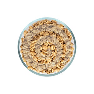 Heap of Puffed Wheat Snack in White Round Bowl Isolated