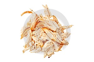 Heap of pulled chicken meat on white