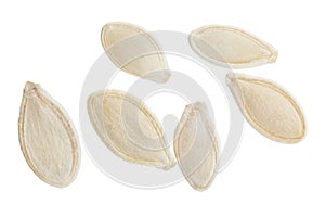 Heap of pumpkin seeds isolated on white background. File contains clipping path. Top view
