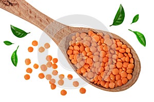 Heap of raw red lentils in wooden spoon decorated with green leaves isolated on white background