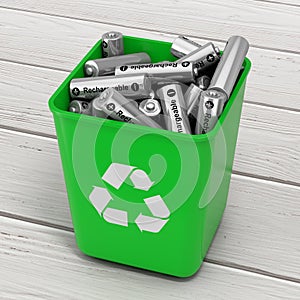 Heap of Rechargeable Batteries in Green Bucket with Recycle Sign