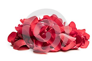 Heap of red rose petals isolated on white