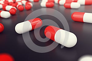 Heap of red white round capsule pills with medicine antibiotic in packages on black background. 3d illustration
