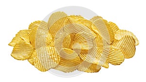 Heap of ridged potato chips isolated on white background