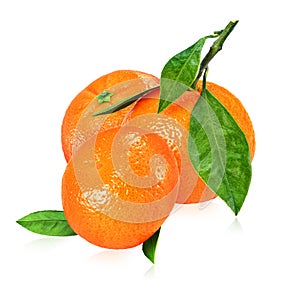 Heap of ripe mandarins with leaves isolated on white