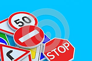 Heap of road signs. Traffic laws. Driving school concept. Rules and regulation. Highway signpost. Roadway infrastructure