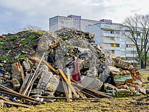 Heap of rubble after demolition of an old house