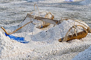 Heap of sea salt on the hod. Selective Focus.