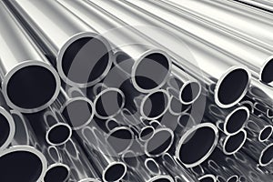 Heap of shiny metal steel pipes with selective focus effect. 3d illustration