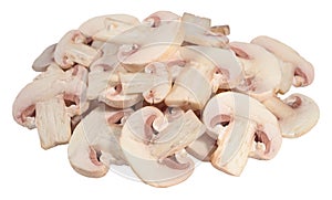 Heap of sliced mushrooms on a white