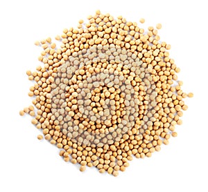 Heap of soya beans isolated on white, top view