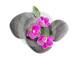 Heap of spa stones and orchid flowers on white background