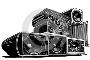 Heap of subwoofers, amplifiers and audio speakers
