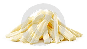 Heap of suluguni cheese sticks on a white plate. Isolated