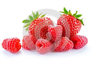 Heap of Sweet Strawberries and Juicy Raspberries on White Background. Summer Healthy Food Concept