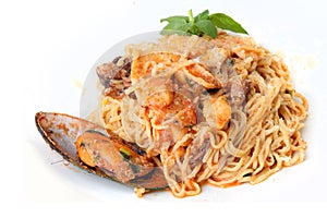 Heap of Tagliolini with seafood