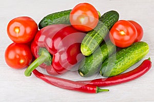 Heap of tomatoes, peppers and cucumbers