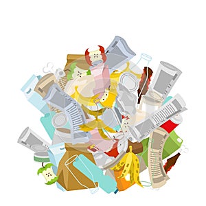 heap trash isolated. Pile Rubbish. Garbage Stack. litter background. peel from banana and stub. Tin and old newspaper. Bone and p