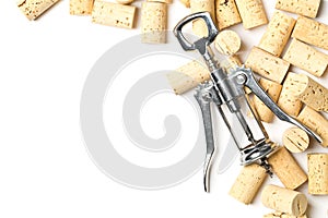 Heap of unused, new, brown natural wine corks with corkscrew on