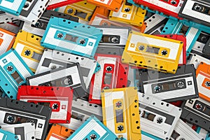 Heap of vintage audio cassettes. Retro music concept background