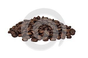 Heap of whole coffee beans on a white background