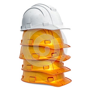 Heap of workers brown helmets and white hard hat of an engineer or foreman, 3D rendering