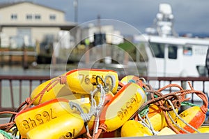 Heap of yellow lobster trap buoys