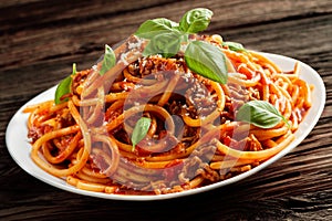 Heaped plate of Italian spaghetti Bolognaise