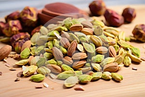 a heaping pile of deshelled pistachios on a wooden board