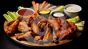 A heaping serving of crispy chicken wings with various dipping sauces. AI Generative