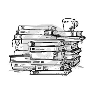 Heaps of books with a cup of coffee on the top, vector illustration
